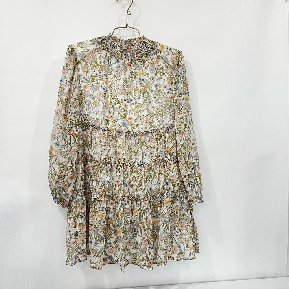 Floral Mini Dress Smocked Neck Tiered Sheer Long Sleeve Lined Multicolored